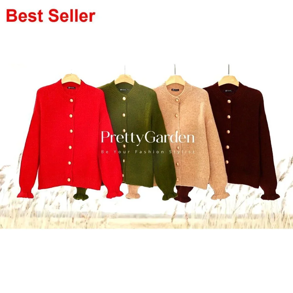 Cropped Chunky Knit Cardigan with Ruffle Sleeves, Mock Neck, Button Front